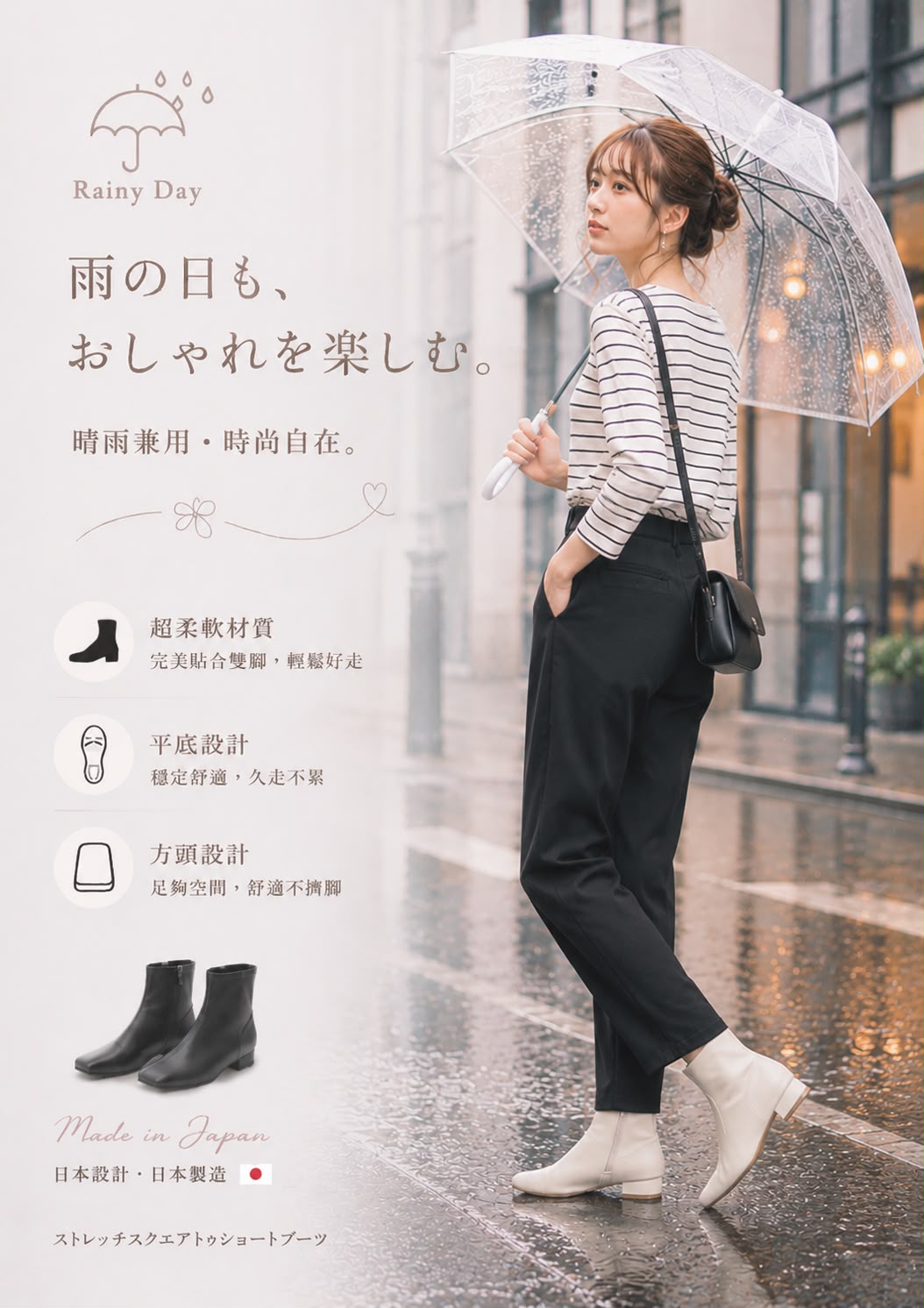 【新品預訂】日本製 Launa Lea 晴雨兩用彈力方頭短靴 (R9024) ( 黑色 / Black )