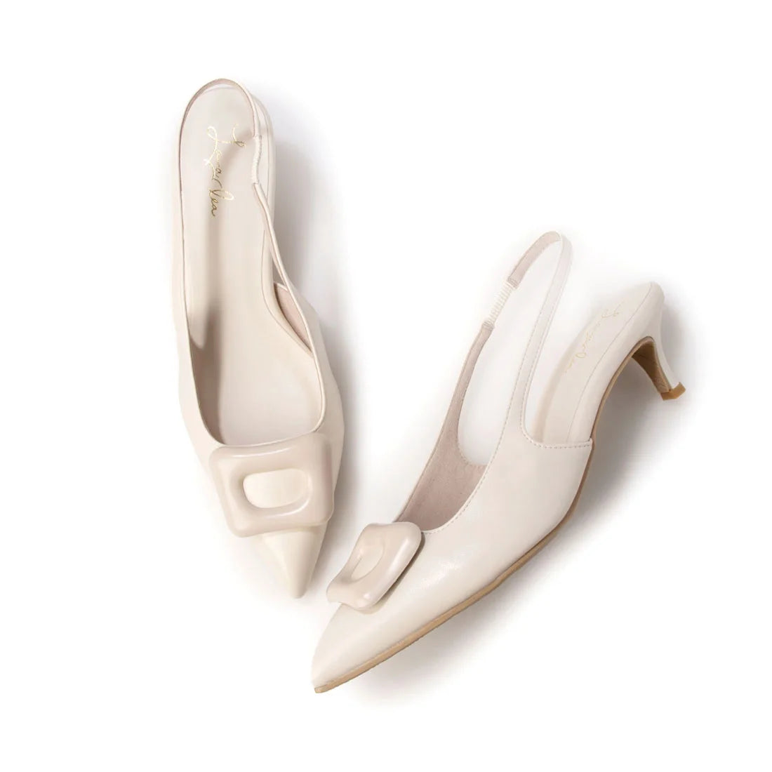 日本製 Launa Lea 5cm 尖頭方扣露跟高跟鞋 (0591) (象牙色 / Ivory)