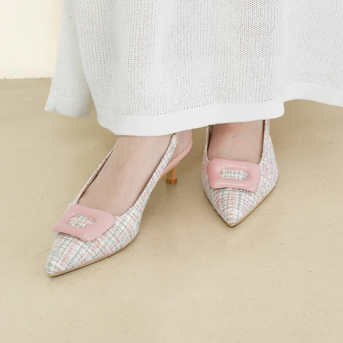 日本製 Launa Lea 5cm 尖頭方扣露跟高跟鞋 (0591) (鮭魚粉紅色 Z/C / Salmon pink Z/C)