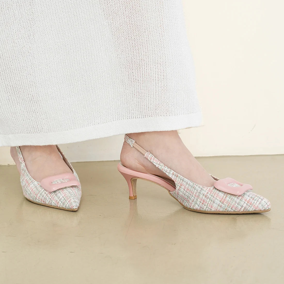 日本製 Launa Lea 5cm 尖頭方扣露跟高跟鞋 (0591) (鮭魚粉紅色 Z/C / Salmon pink Z/C)