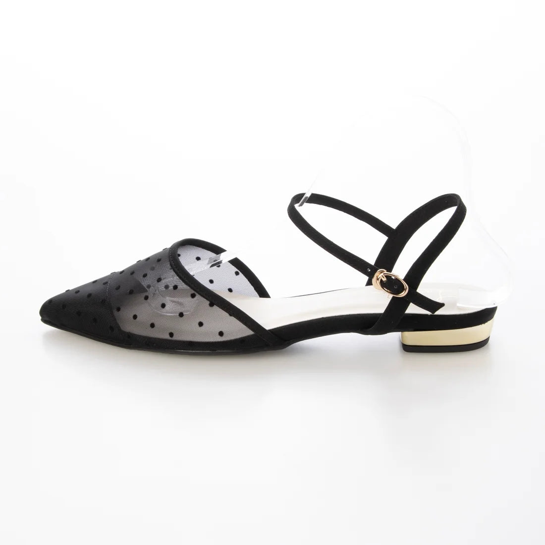 日本製 Launa Lea 圓點薄紗搭帶平底高跟鞋 (600) (黑色 Z / Black Z)