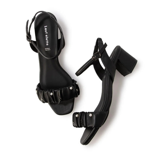 日本製 Lauf Oletta 4.5cm串珠褶飾高跟涼鞋 (L118 BLACK) (黑色)