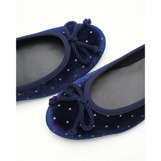 【新品預訂】日本製Emma Francis 圓點天鵝絨平底芭蕾舞鞋（藍色天鵝絨）(02a-V 120)BLU