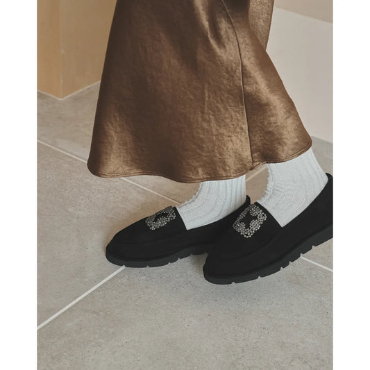 【新品預訂】日本製Emma Francis   [雨天應對] 防水 內側柔軟仿毛 寶石樂福鞋（黑色絨面革）(2002g-S 101)BLK