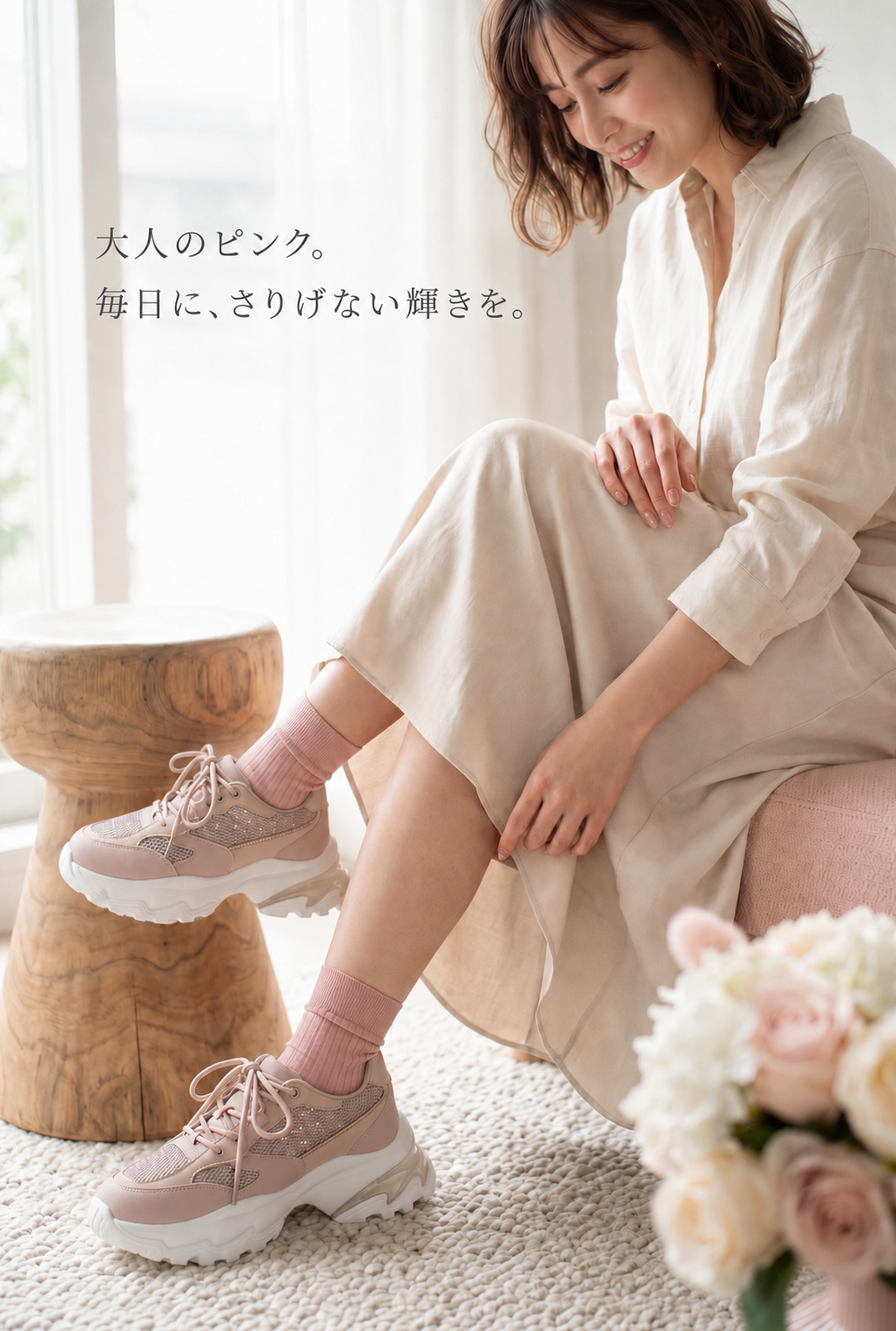 【現貨三對75折款式】日本潮牌Lucida 粉杏色 Merga 閃光透氣鞋底厚底運動鞋( 4438 PBG )
