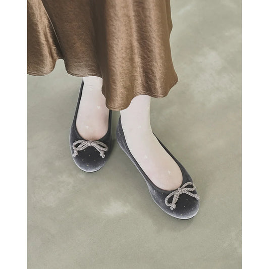 【新品預訂】日本製Emma Francis 圓點天鵝絨平底芭蕾舞鞋（灰色天鵝絨）(02a-V 153)GRY