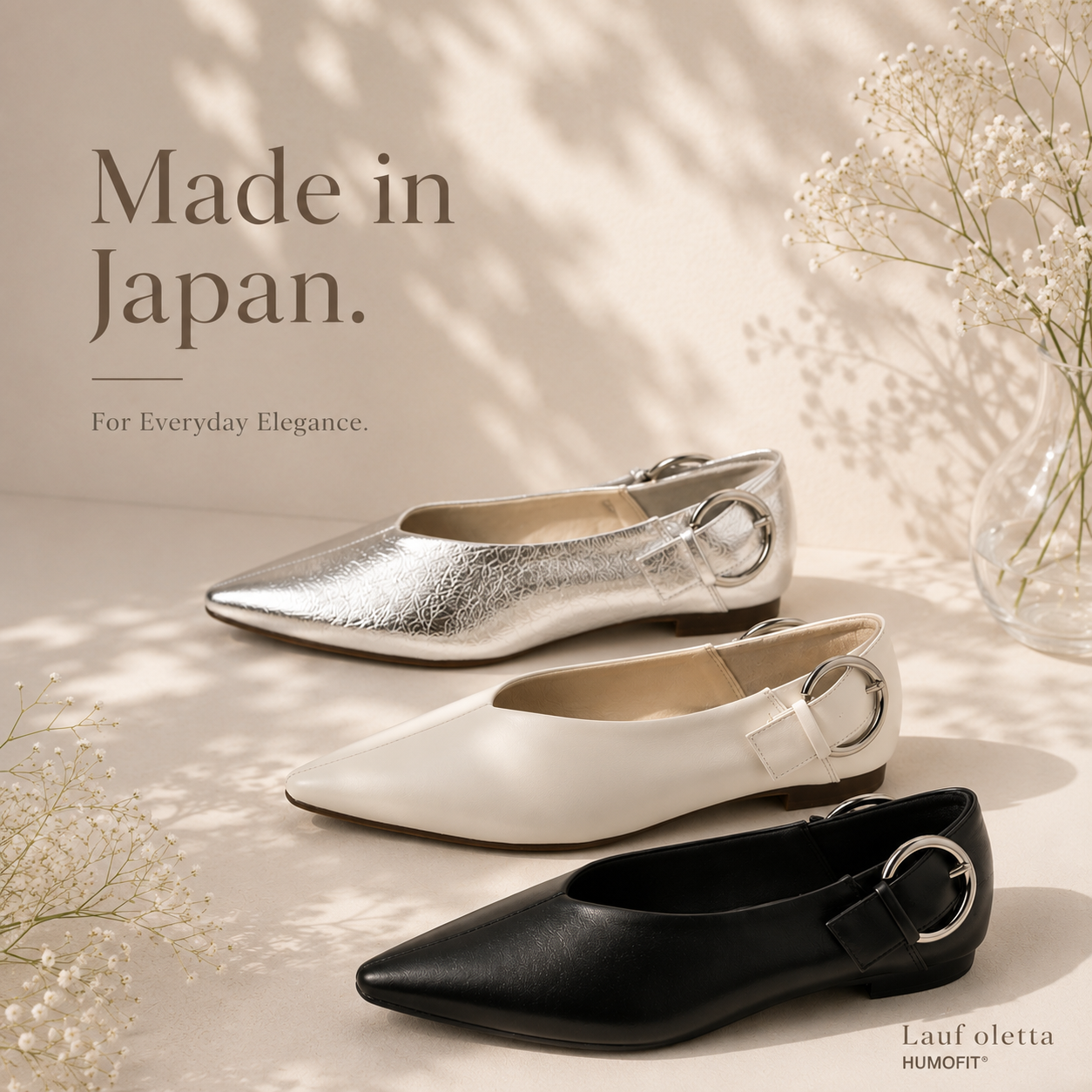 【新品預訂】日本製 Lauf Oletta  [All Weather] 全天候 可踩踭 柔軟大扣環V型平底鞋（LRP139 SILVER）