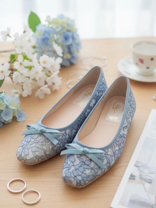 【香港限定】日本製 Launa lea 蕾絲方頭平底鞋 (BH7607A)(藍色 / Blue)
