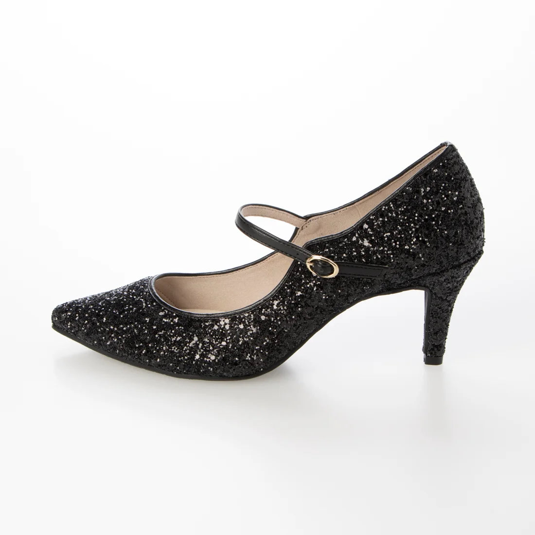 Launa lea 日本製 7cm Black Glitter 尖頭 Mary Jane 黑色高跟鞋 0575 Black