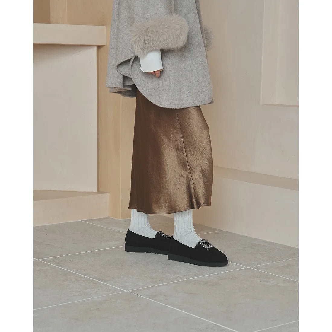 【新品預訂】日本製Emma Francis   [雨天應對] 防水 內側柔軟仿毛 寶石樂福鞋（黑色絨面革）(2002g-S 101)BLK