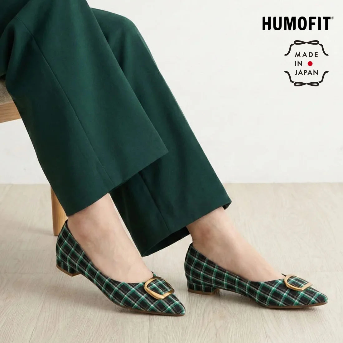 【新品預訂】日本製 Lauf Oletta 格仔尖頭金扣平底鞋 (LH127 NAVY-Z) (深藍色)