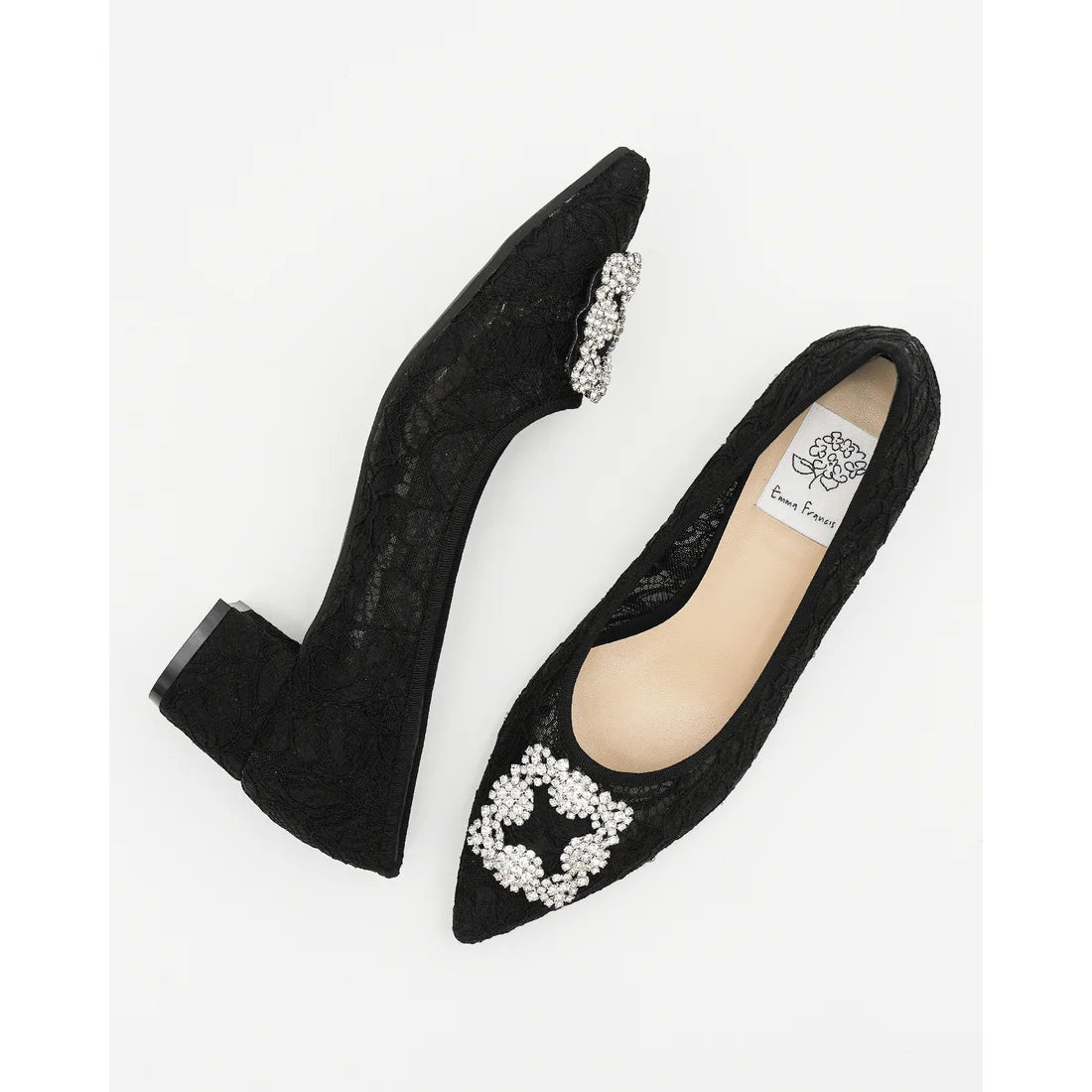 【新品預訂】日本製Emma Francis 4cm跟 寶石扣 薄紗蕾絲高跟鞋 (黑色薄紗 ) ( 4003b-T 101 )