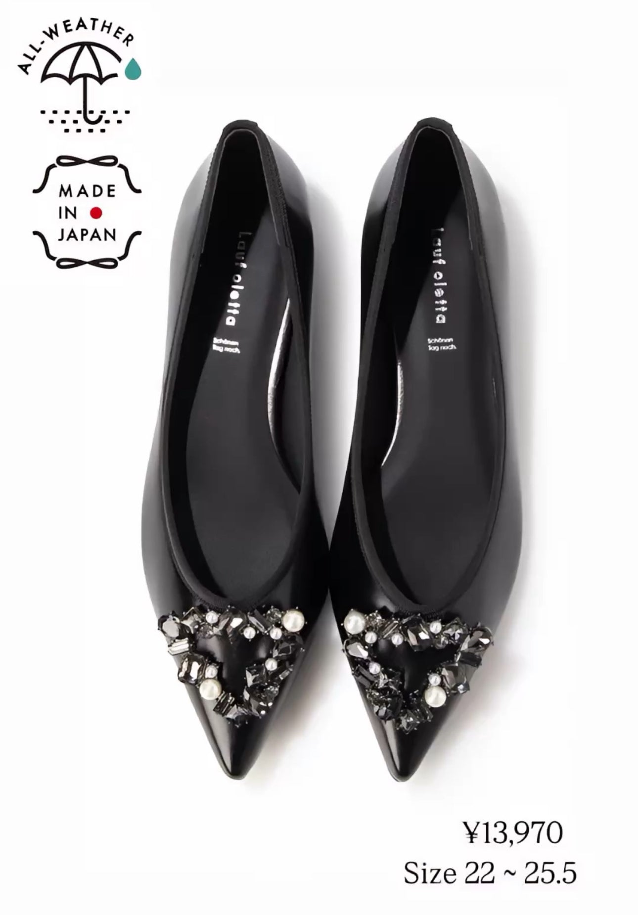 【新品預訂】日本製 Lauf Oletta [All Weather] 全天候三角珍珠水晶尖頭平底鞋(LRH121 BLACK-S) (黑色)