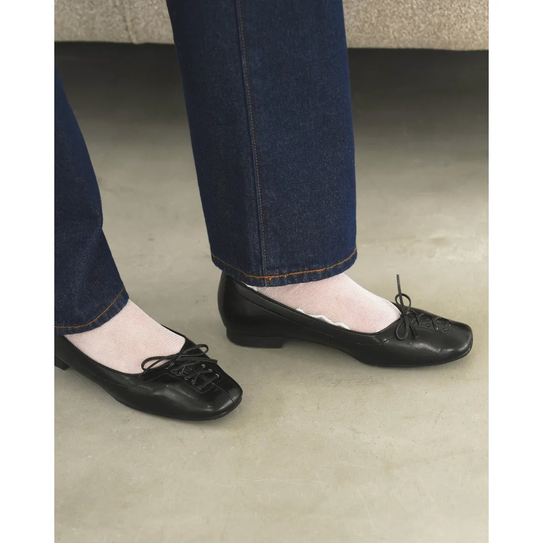 【新品預訂】日本製Emma Francis  綁帶蝴蝶結平底鞋（黑色）(03ab-M 101)