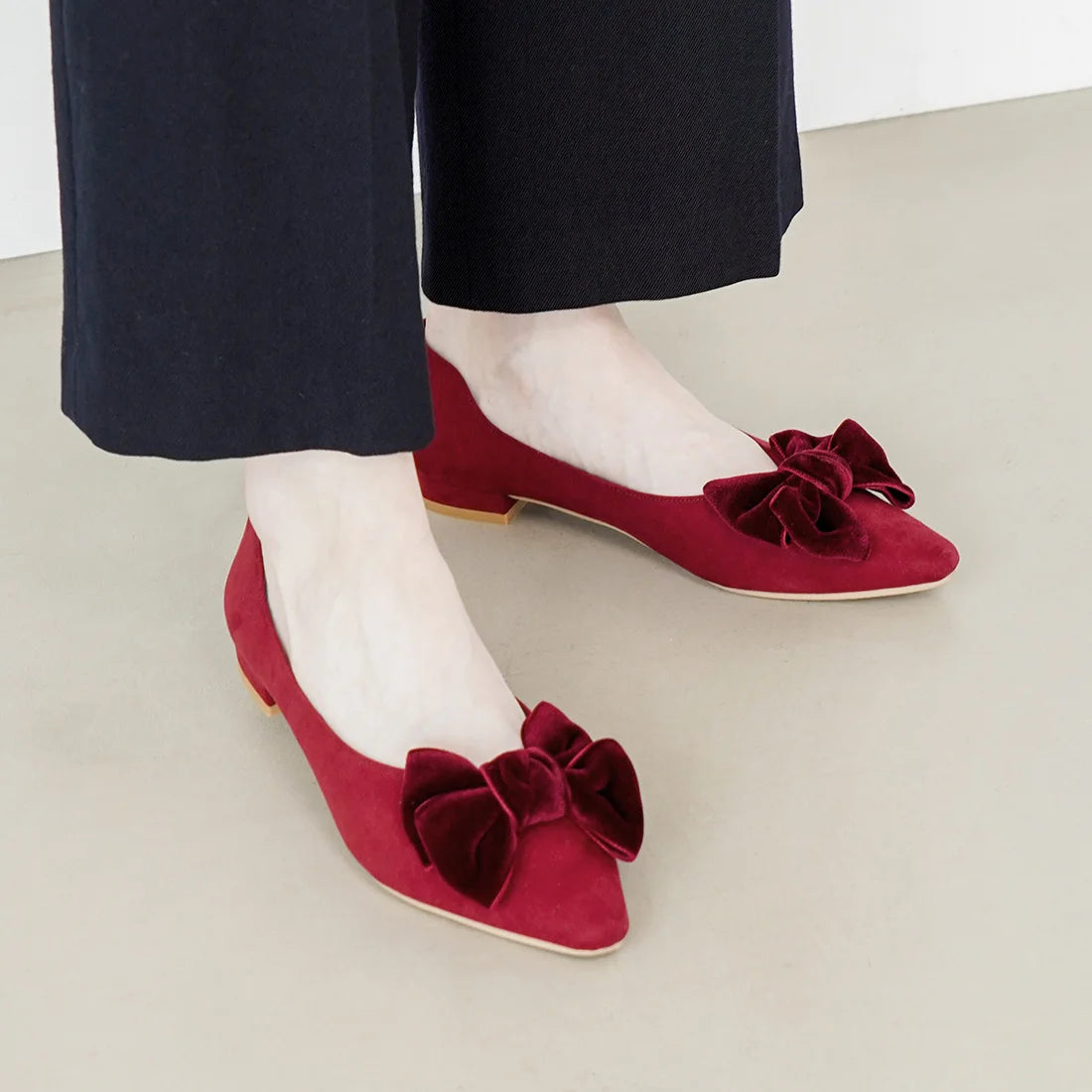 日本製 Launa Lea 絲絨蝴蝶結平底鞋 (460C)(紅色 S / Red S)