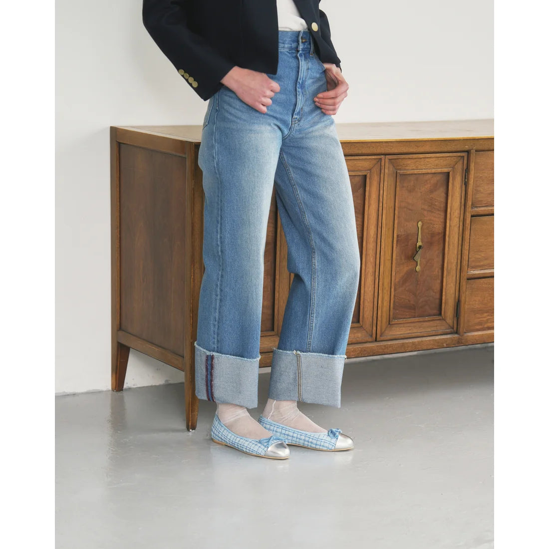 【新品預訂】日本製Emma Francis   粗花呢平底芭蕾舞鞋（淺藍色粗花呢）(06e-TWM 121)