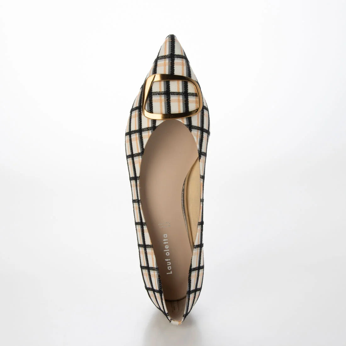 【新品預訂】日本製 Lauf Oletta 格仔尖頭金扣平底鞋 (LH127 Ivory-Z) (象牙色)