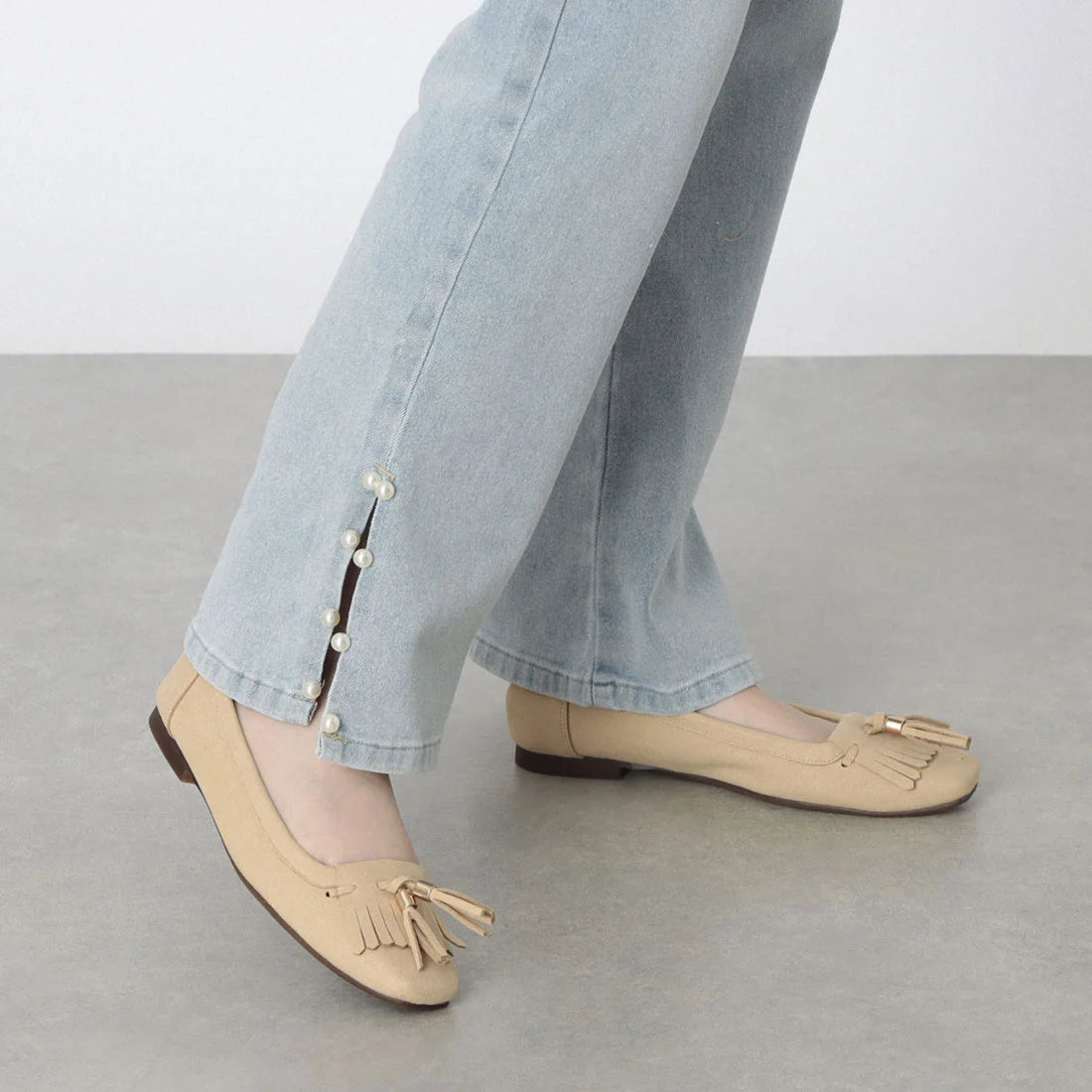 【新品預訂】日本製 Lauf Oletta 鑲邊流蘇設計的氣質平底鞋(LH120 Beige-S) (杏色)