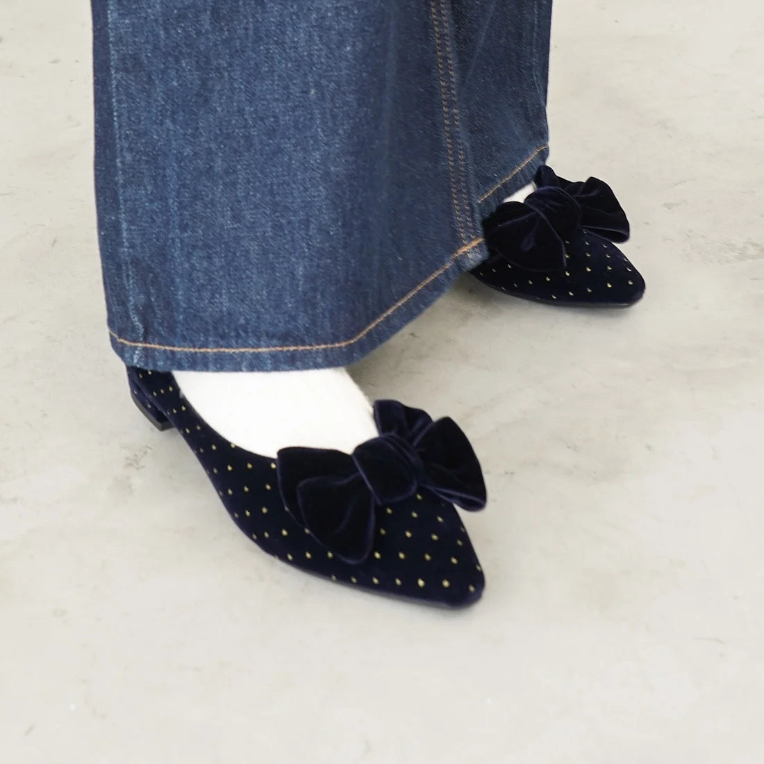 日本製 Launa Lea 絲絨蝴蝶結平底鞋 (460C)(深藍色 Z / Navy Z)
