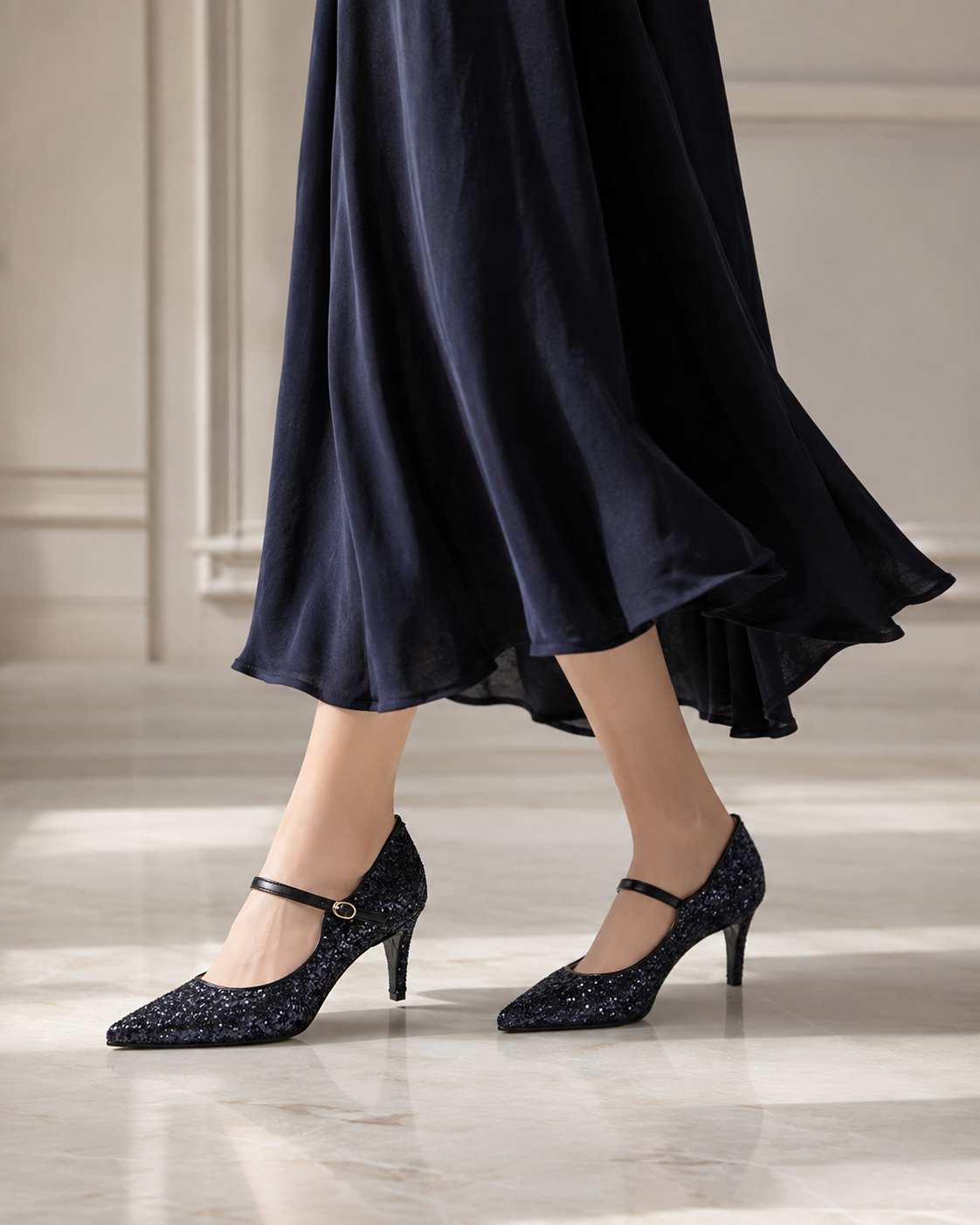 Launa lea 日本製 7cm Glitter 尖頭 Mary Jane 深藍色高跟鞋 575 navy