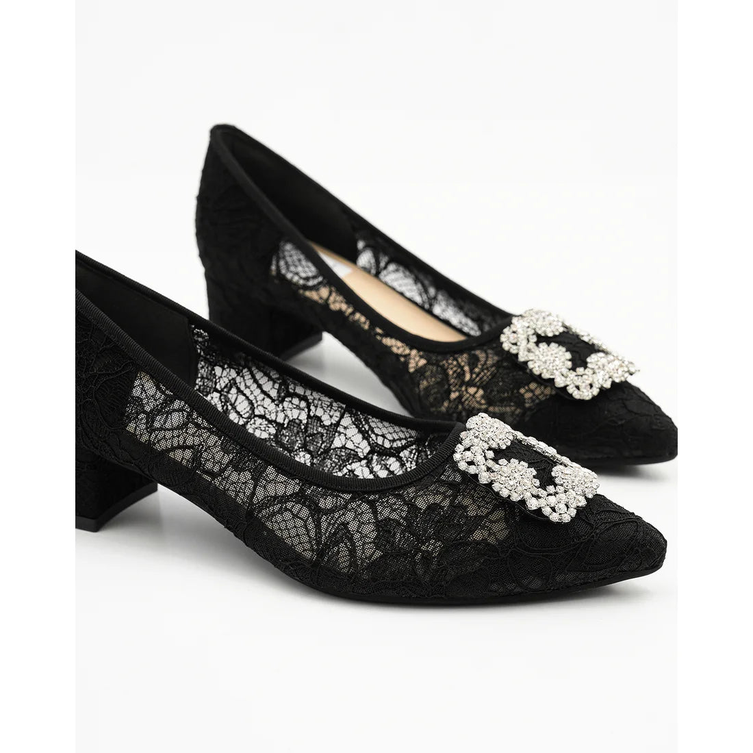 【新品預訂】日本製Emma Francis 4cm跟 寶石扣 薄紗蕾絲高跟鞋 (黑色薄紗 ) ( 4003b-T 101 )