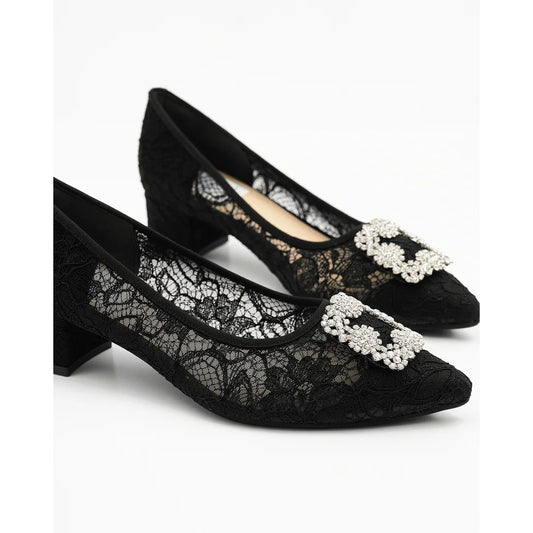 【新品預訂】日本製Emma Francis 4cm跟 寶石扣 薄紗蕾絲高跟鞋 (黑色薄紗 ) ( 4003b-T 101 )