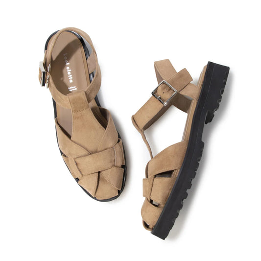 【新品預訂】日本製 Lauf Oletta T型帶3cm厚底絨面涼鞋 (LP148 Beige-S)(杏色)