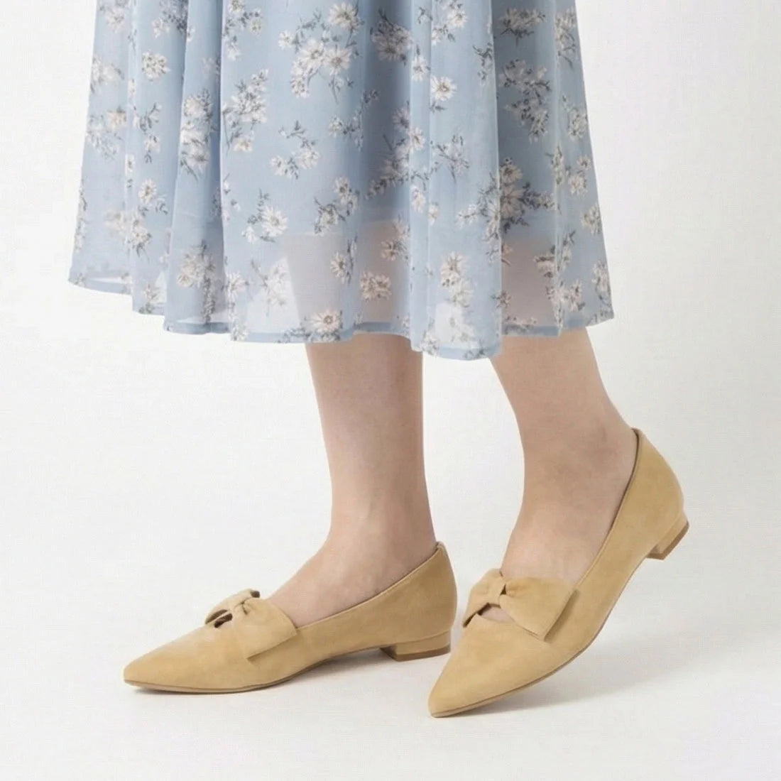 【新品預訂】日本製 Launa lea 尖頭蝴蝶結絨毛平底鞋（615）(黃色 S / Yellow S)