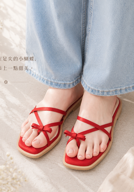 【新品預訂】日本製 Launa Lea 交叉蝴蝶結平底涼鞋(625)(紅色/ Red Z)