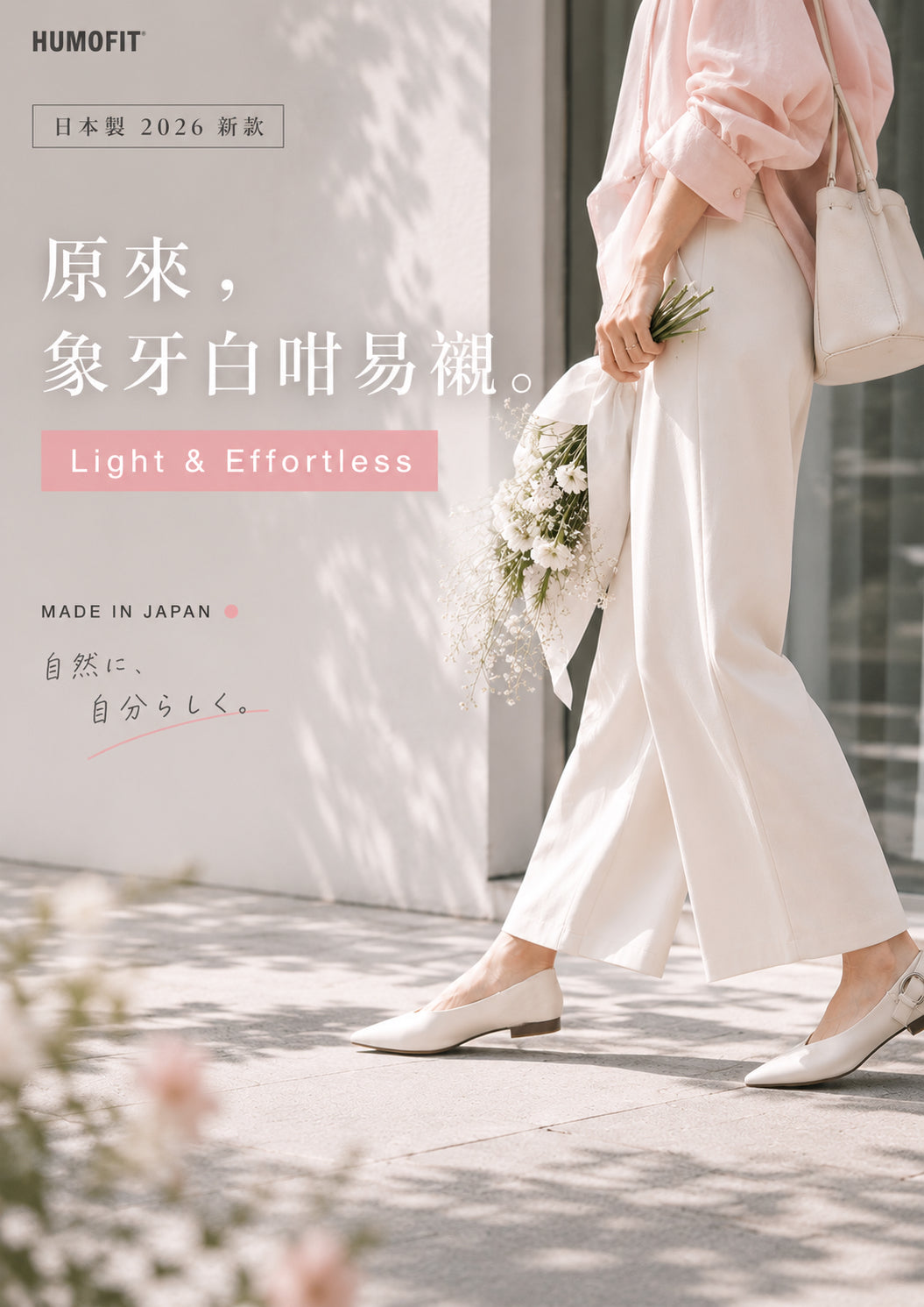 【新品預訂】日本製 Lauf Oletta  [All Weather] 全天候 可踩踭 柔軟大扣環V型平底鞋（LRP139 IVORY）