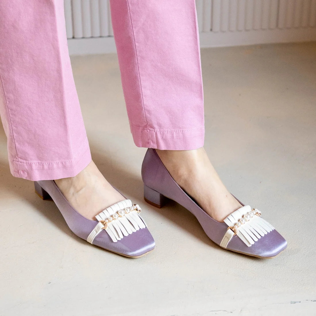 日本製 Launa lea 方頭珍珠流蘇低跟鞋 (0503) Lavender Z