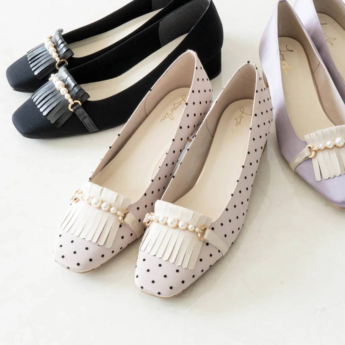日本製 Launa lea 方頭珍珠流蘇低跟鞋 (0503) Pink Beige Z