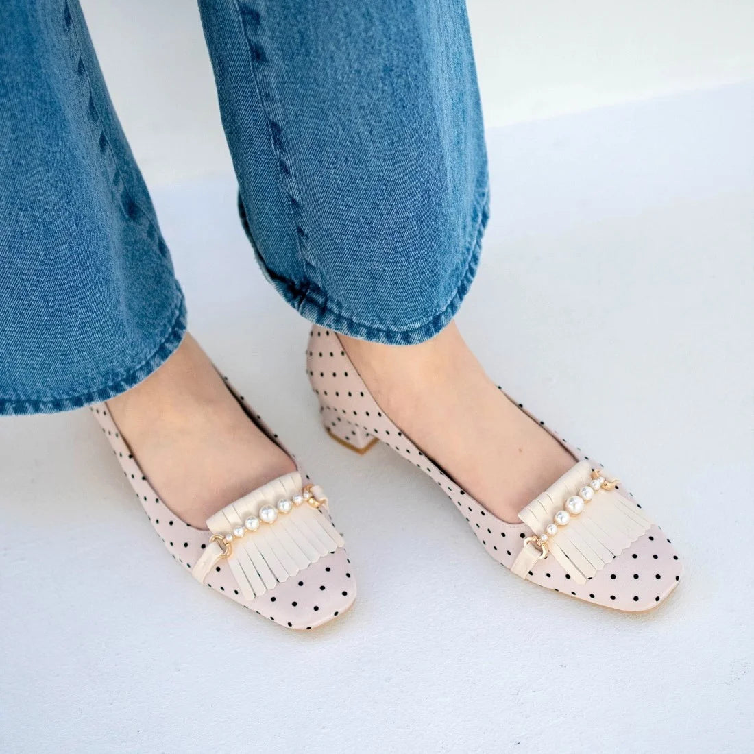 日本製 Launa lea 方頭珍珠流蘇低跟鞋 (0503) Pink Beige Z