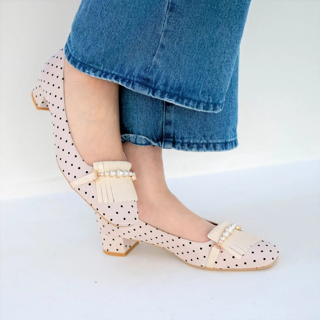 日本製 Launa lea 方頭珍珠流蘇低跟鞋 (0503) Pink Beige Z