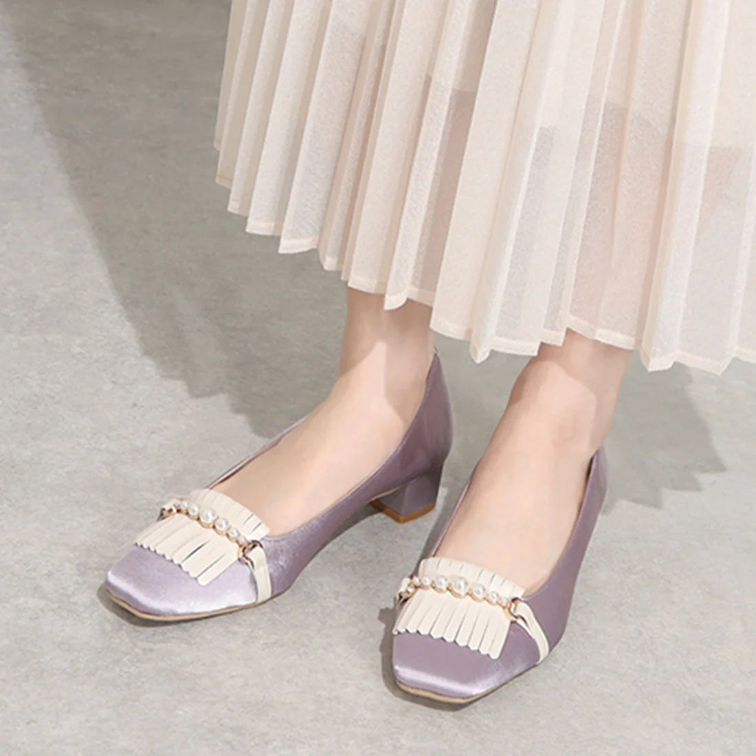 日本製 Launa lea 方頭珍珠流蘇低跟鞋 (0503) Pink Beige Z