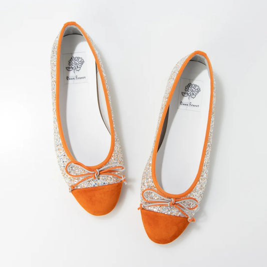 【新品預訂】日本製Emma Francis   蝴蝶結閃光平底芭蕾舞鞋（橙色閃光）(06e-G 129)