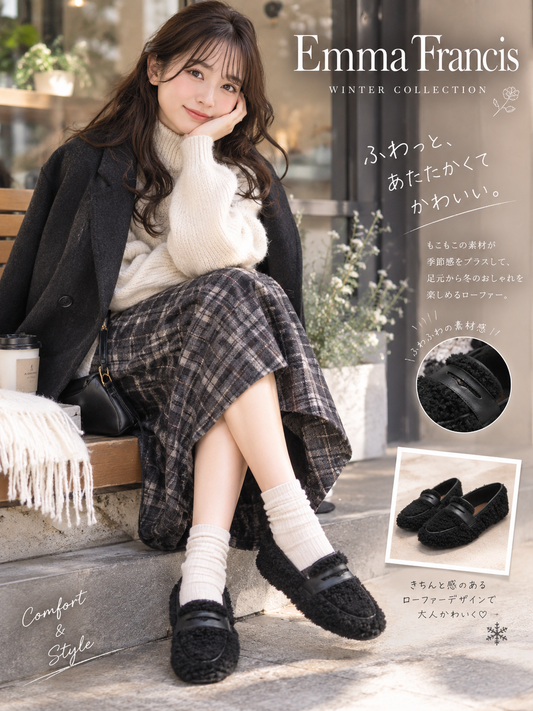 【新品預訂】日本 Emma Francis 毛毛樂福鞋（黑色毛毛）(1013a-B 101)