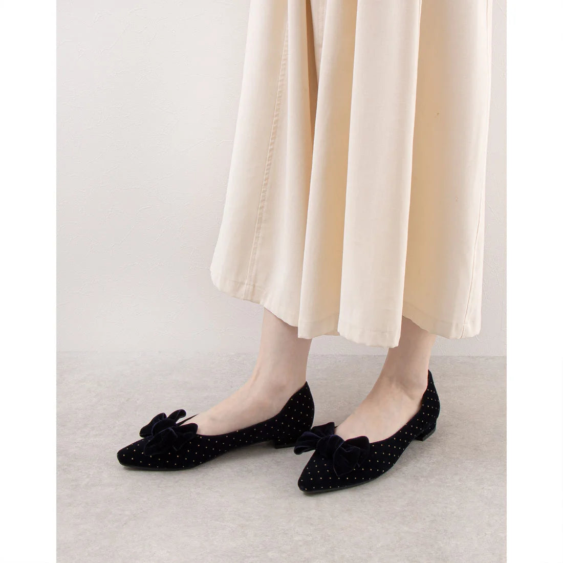 日本製 Launa Lea 絲絨蝴蝶結平底鞋 (460C)(深藍色 Z / Navy Z)