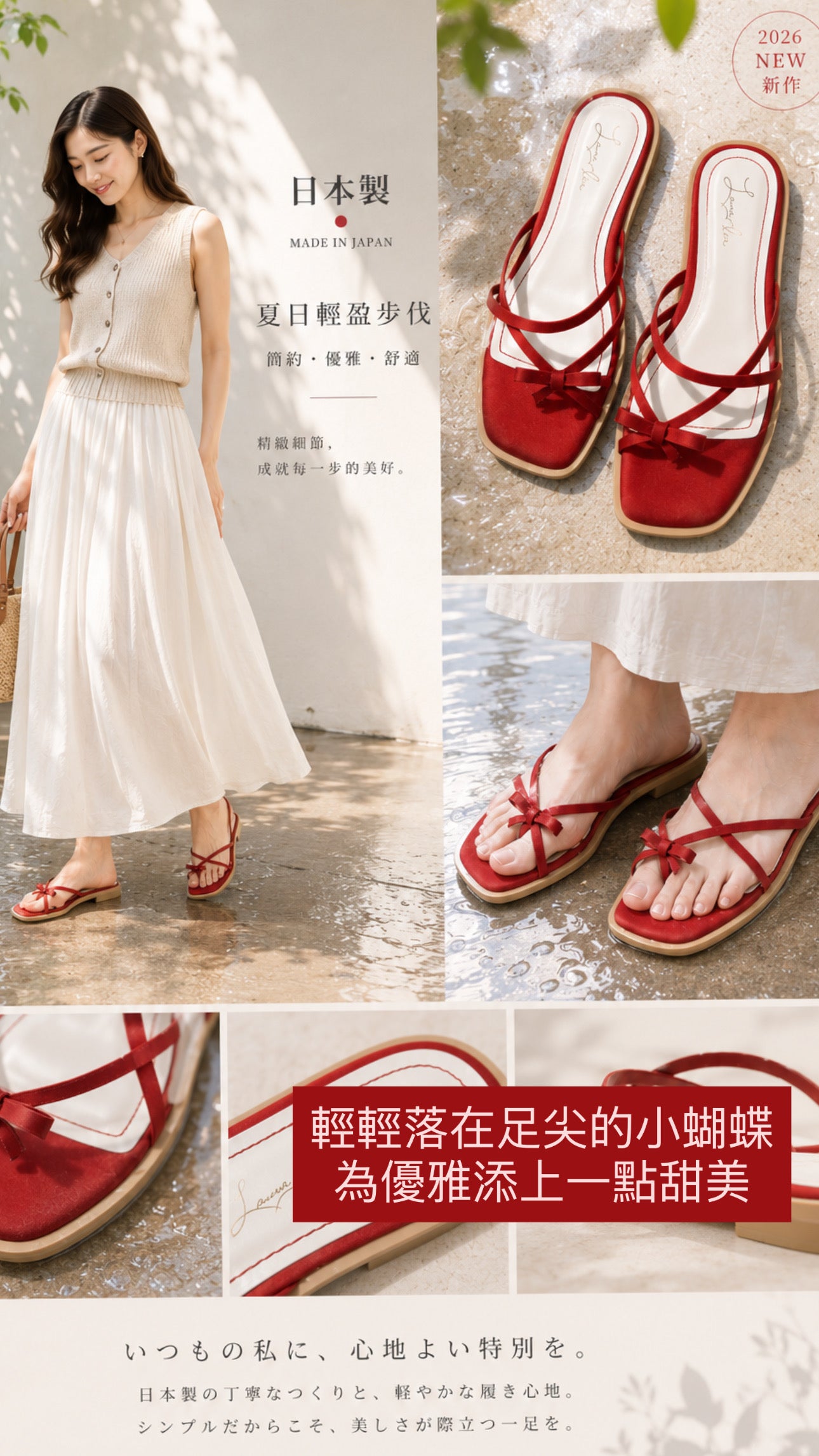 【新品預訂】日本製 Launa Lea 交叉蝴蝶結平底涼鞋(625)(紅色/ Red Z)