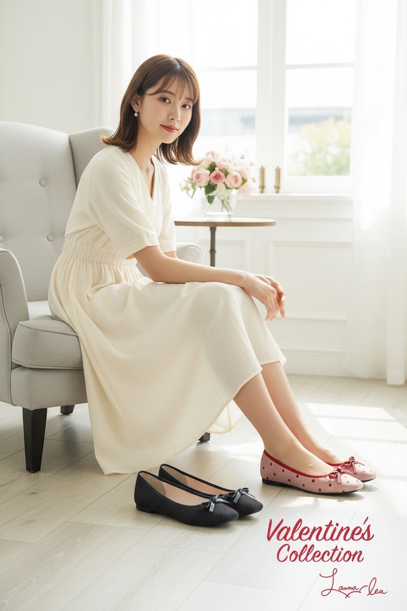 【新品預訂】日本製 Launa lea 方頭心形圖案芭蕾鞋 (B7611A) (紅色 Z/C / Red Z/C )