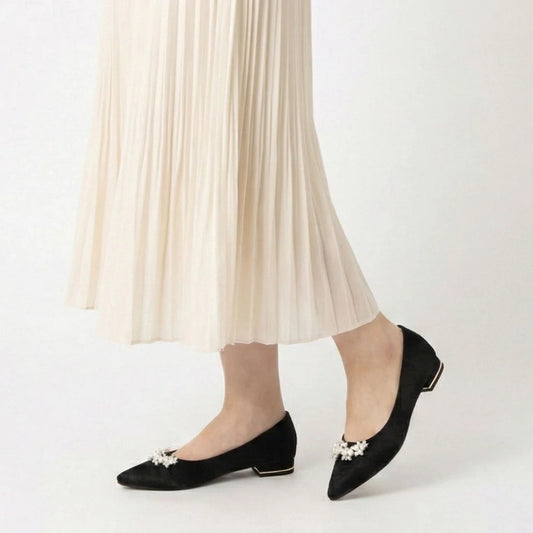 【新品預訂】日本製 Launa Lea 珍珠水鑽平底鞋（618）(黑色 Z / L Black Z)