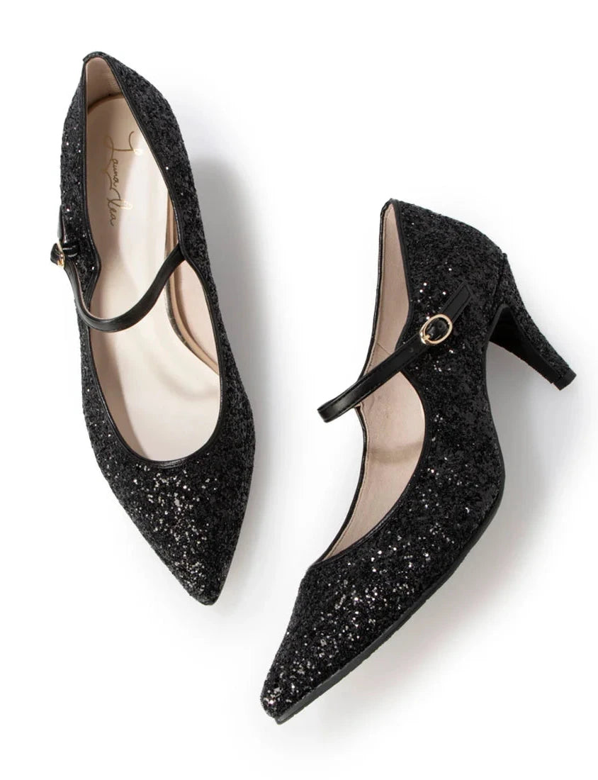 Launa lea 日本製 7cm Black Glitter 尖頭 Mary Jane 黑色高跟鞋 0575 Black