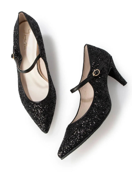 Launa lea 日本製 7cm Black Glitter 尖頭 Mary Jane 黑色高跟鞋 0575 Black