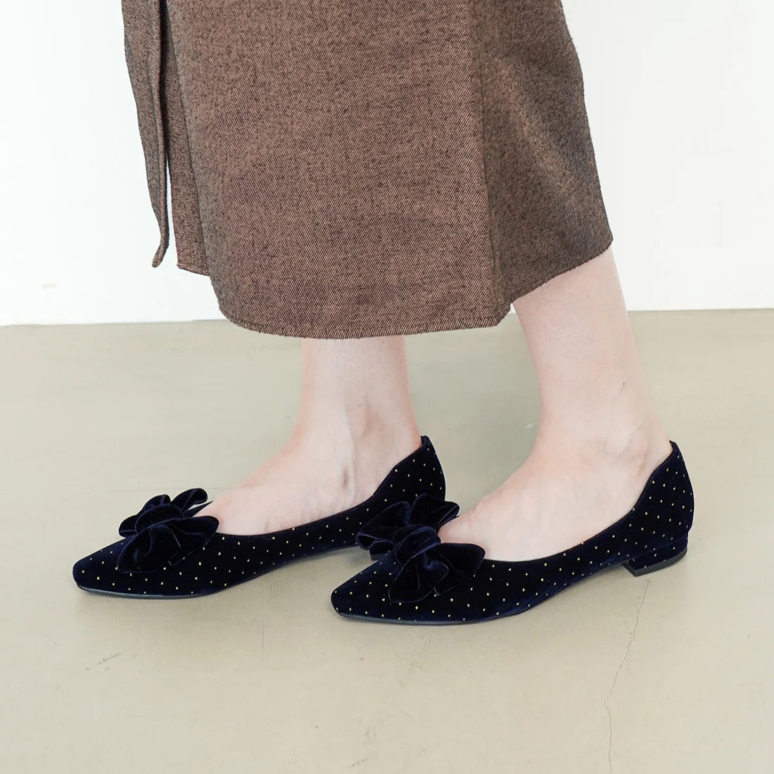 日本製 Launa Lea 絲絨蝴蝶結平底鞋 (460C)(深藍色 Z / Navy Z)