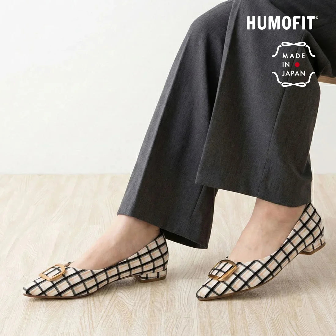 【新品預訂】日本製 Lauf Oletta 格仔尖頭金扣平底鞋 (LH127 Ivory-Z) (象牙色)