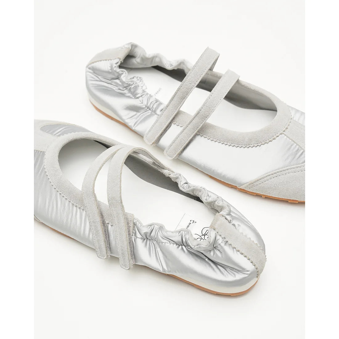 【新品預訂】日本製Emma Francis   彈性褶邊瑪麗珍芭蕾舞鞋（銀色天鵝絨皮革）(09k-NY 162)