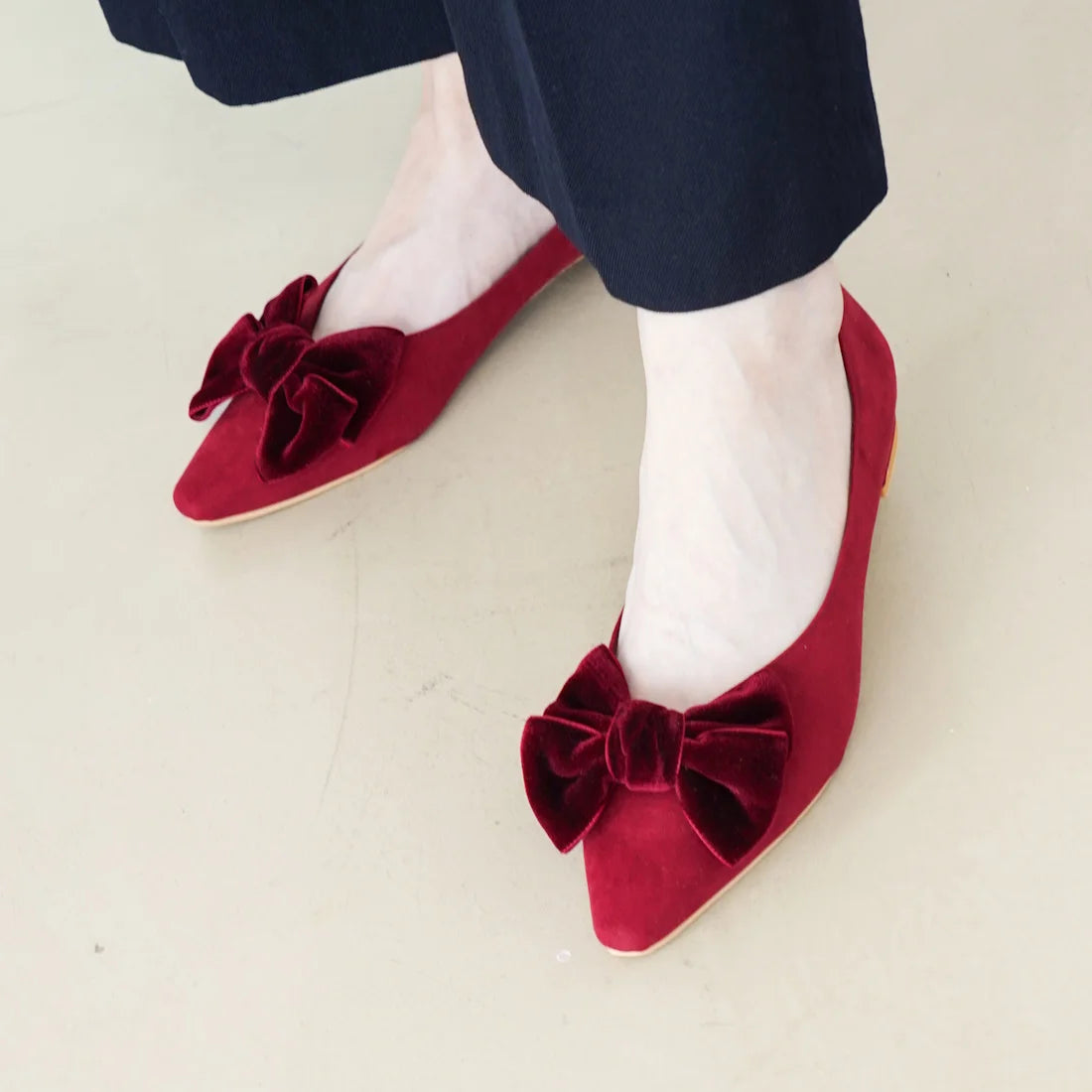 日本製 Launa Lea 絲絨蝴蝶結平底鞋 (460C)(紅色 S / Red S)