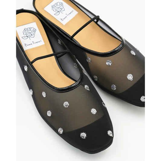 【新品預訂】日本製Emma Francis 亮片薄紗平底穆勒鞋 (05l-T 101)（黑色薄紗）BLK