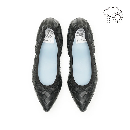 【新品預訂】日本製【珍珠色調防水】Emma Francis真皮 尖頭平底芭蕾舞鞋(01b-L P101)(Black Leather Intrecciato)(ブラック レザーイントレチャート)