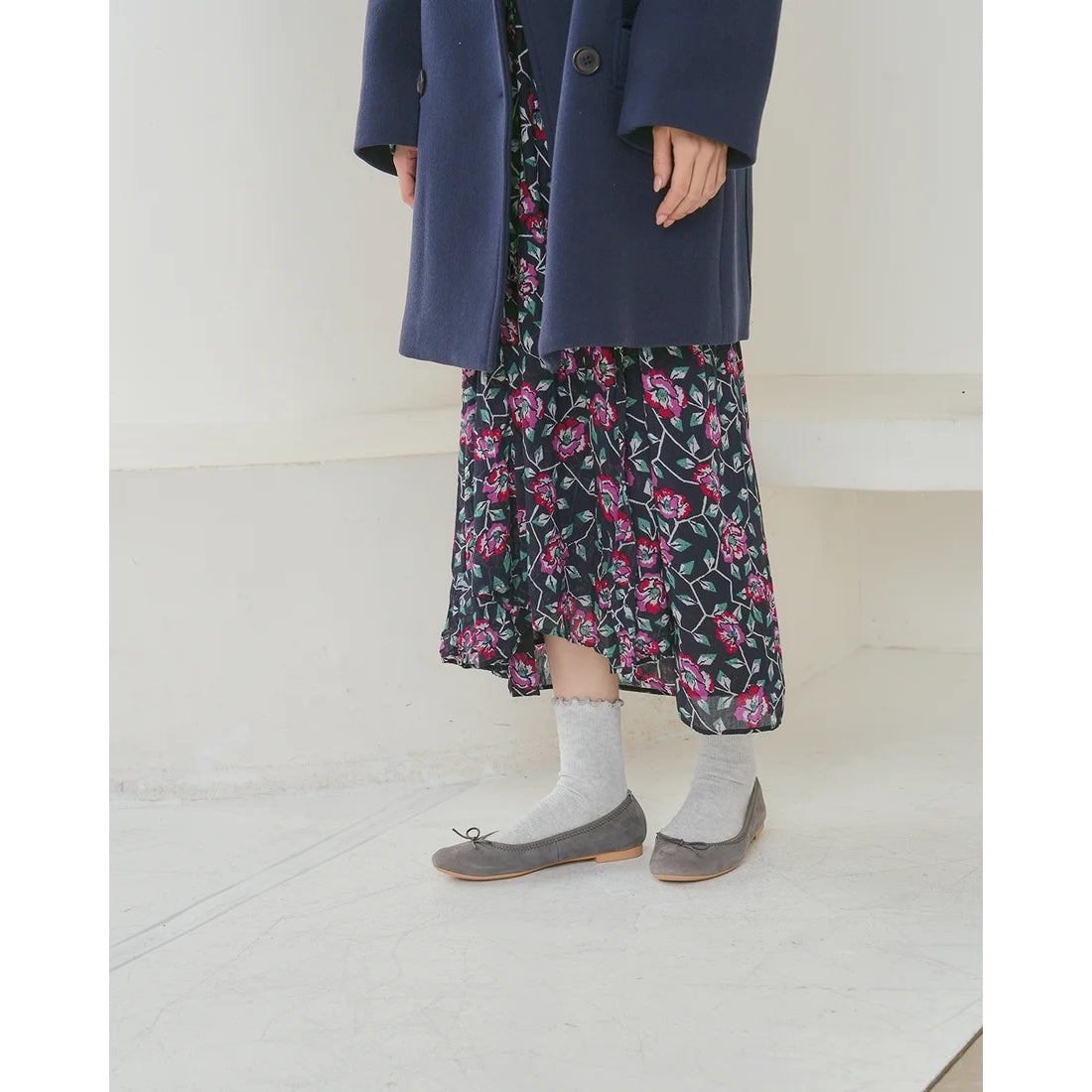日本製【珍珠色調防水】Emma Francis 真皮 圓頭平底芭蕾舞鞋(02b-L S154)(Dark gray leather suede)（ダークグレー レザースエード）
